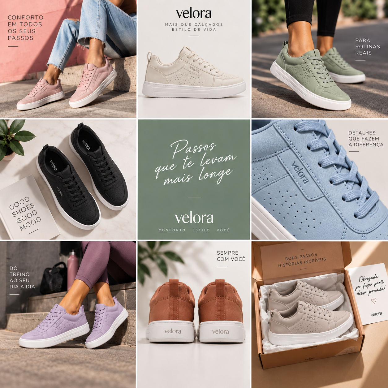 Grade de feed do Instagram com 9 posts de uma marca de tênis, misturando fotos de produto, lifestyle e cards de frase, com identidade visual consistente